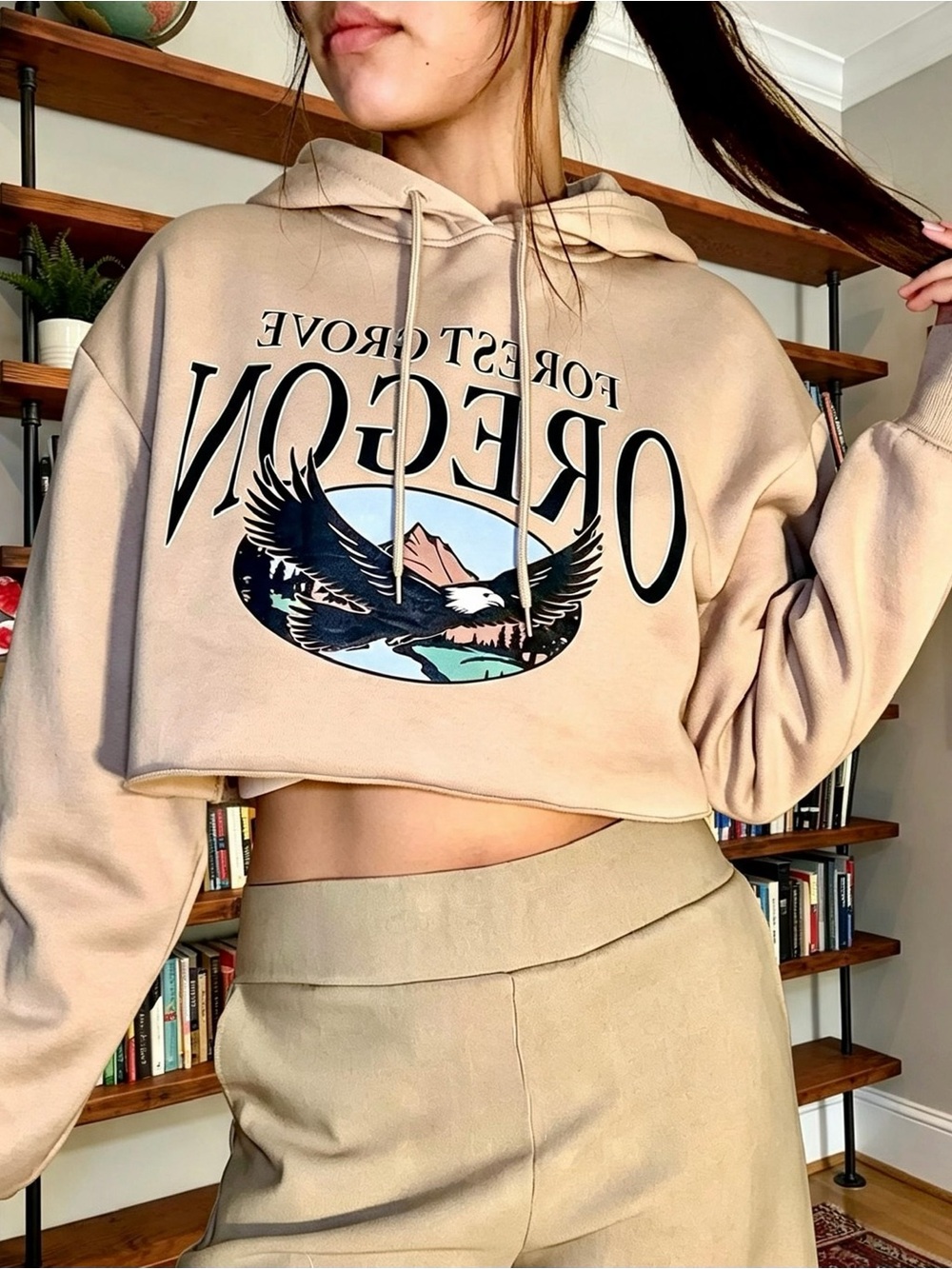 Oregon Graphic Cropped Hoodie Sweater - Beige